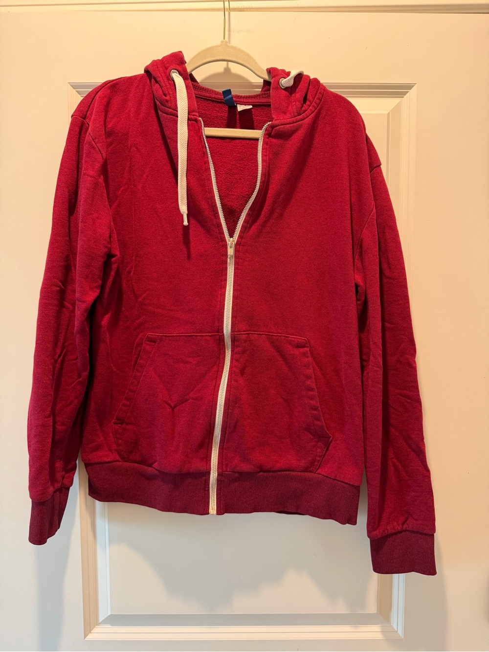 Divided Red Zip-Up Hoodie with White Drawstrings